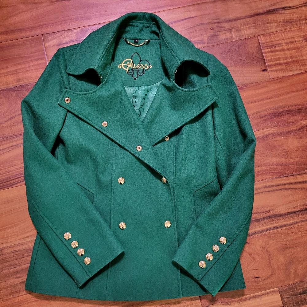 Guess Emerald / Christmas Green Wool Mix Double-Breasted Peacoat Size S